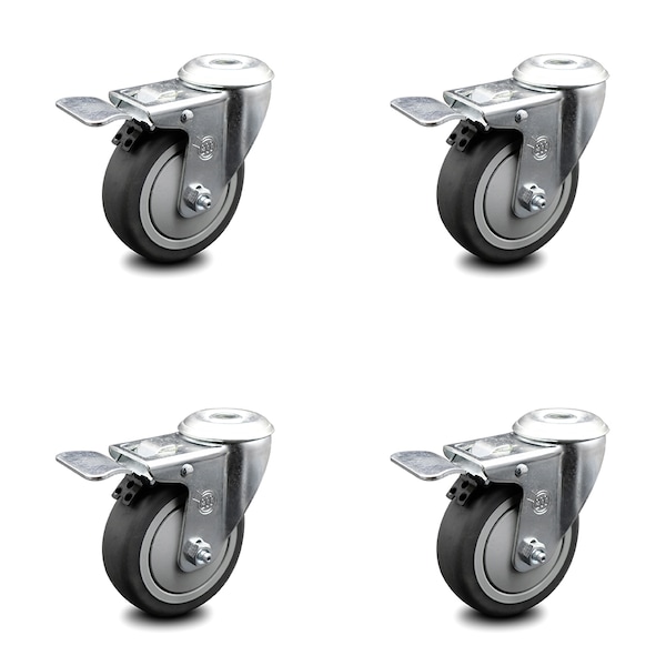 4 Inch Thermoplastic Rubber Swivel Bolt Hole Caster Set with Total Lock Brake